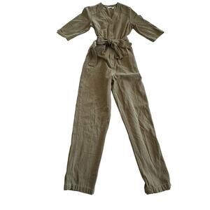 Mod Ref Jumpsuit Short Sleeve Olive Green Tie Waist Snap Front‎ Size S